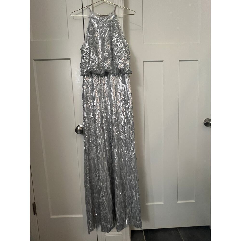 DONNA MORGAN serenity COLLECTION silver SEQUINED SHIMMER GOWN WOMENS 2 - Picture 2 of 11